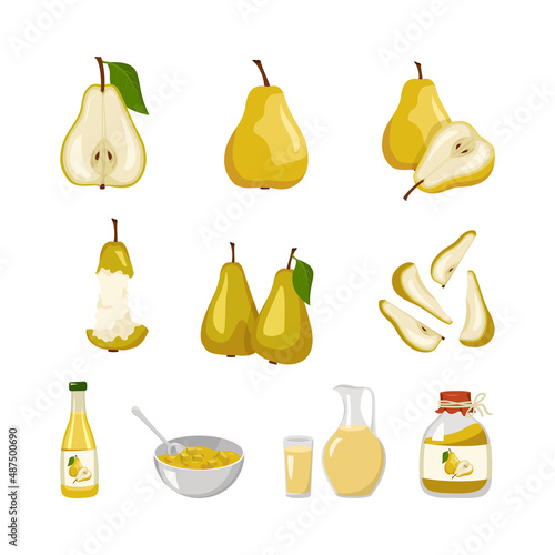 Yellow pear icons set. Whole fruits and halves with seeds and leaves, stub, pear juice in bottle, jug and glass, jam in jar and pieces in bowl. Sweet food for diet. Vector flat illustration