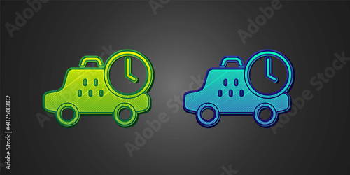 Green and blue Taxi waiting time icon isolated on black background. Car deadline, schedule ride. Vector