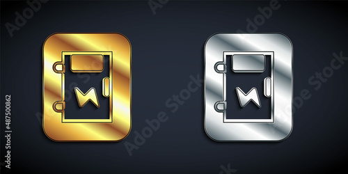 Gold and silver Electrical panel icon isolated on black background. Long shadow style. Vector