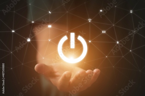 Planet Earth and electric power button. Elements of this image furnished by NASA