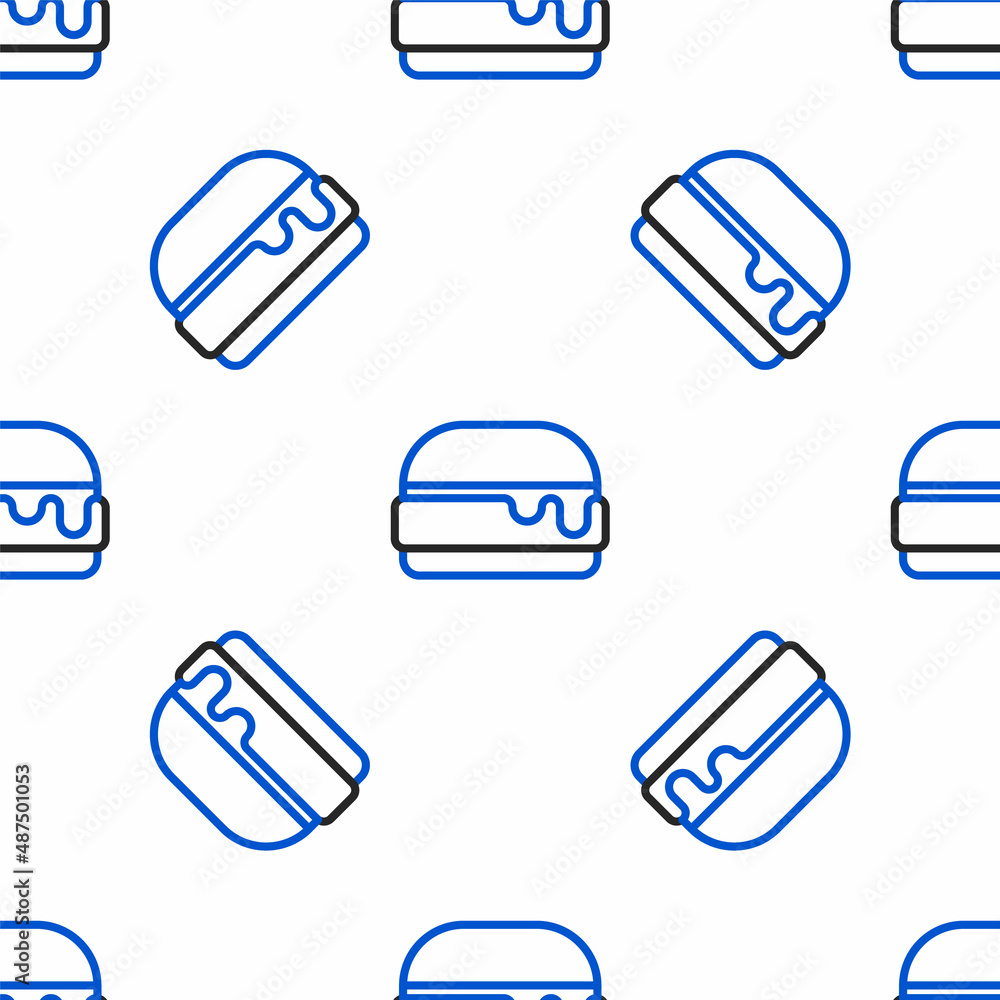 Line Burger icon isolated seamless pattern on white background. Hamburger icon. Cheeseburger sandwich sign. Fast food menu. Colorful outline concept. Vector Line Burger icon isolated seamless pattern on white background. Hamburger icon. Cheeseburger sandwich sign. Fast food menu. Colorful outline concept. Vector