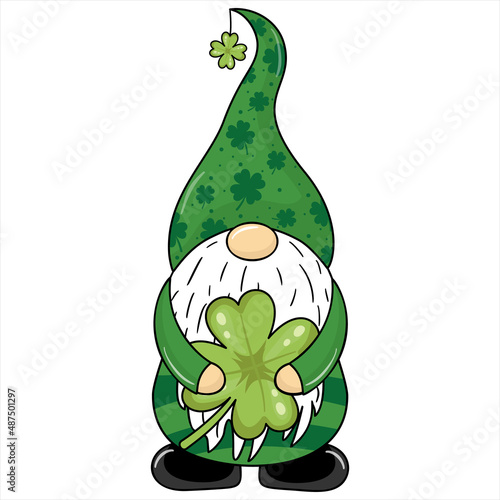 St. Patrick's Day Irish gnome with clover for good luck. Cute leprechaun for St. Patrick's Day. Cartoon style.