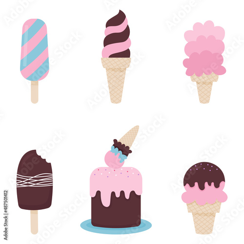 A set of ice cream on a white background. Ice cream cake, popsicle, waffle cone, ice cream on a stick