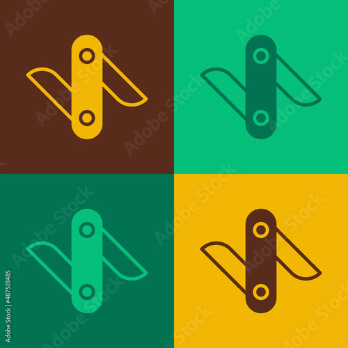 Pop art Swiss army knife icon isolated on color background. Multi-tool, multipurpose penknife. Multifunctional tool. Vector