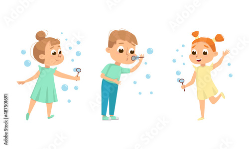 Cute happy kids blowing soap bubbles set cartoon vector illustration