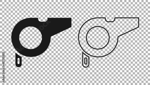 Black Whistle icon isolated on transparent background. Referee symbol. Fitness and sport sign. Vector