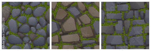 Textures of stone floor and wall with green moss for game background. Vector cartoon seamless patterns of top view of pavement with grass between cobblestones and granite blocks