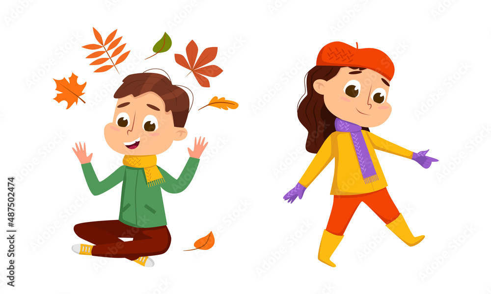 Happy kids playing with autumn leaves set cartoon vector illustration Happy kids playing with autumn leaves set cartoon vector illustration