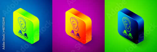 Isometric Earplugs and ear icon isolated on blue, purple and green background. Ear plug sign. Noise symbol. Sleeping quality concept. Square button. Vector