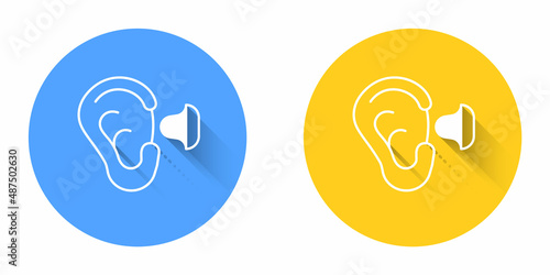 White Earplugs and ear icon isolated with long shadow background. Ear plug sign. Noise symbol. Sleeping quality concept. Circle button. Vector