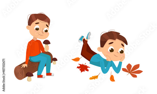Happy boys playing with autumn leaves and picking mushrooms cartoon vector illustration
