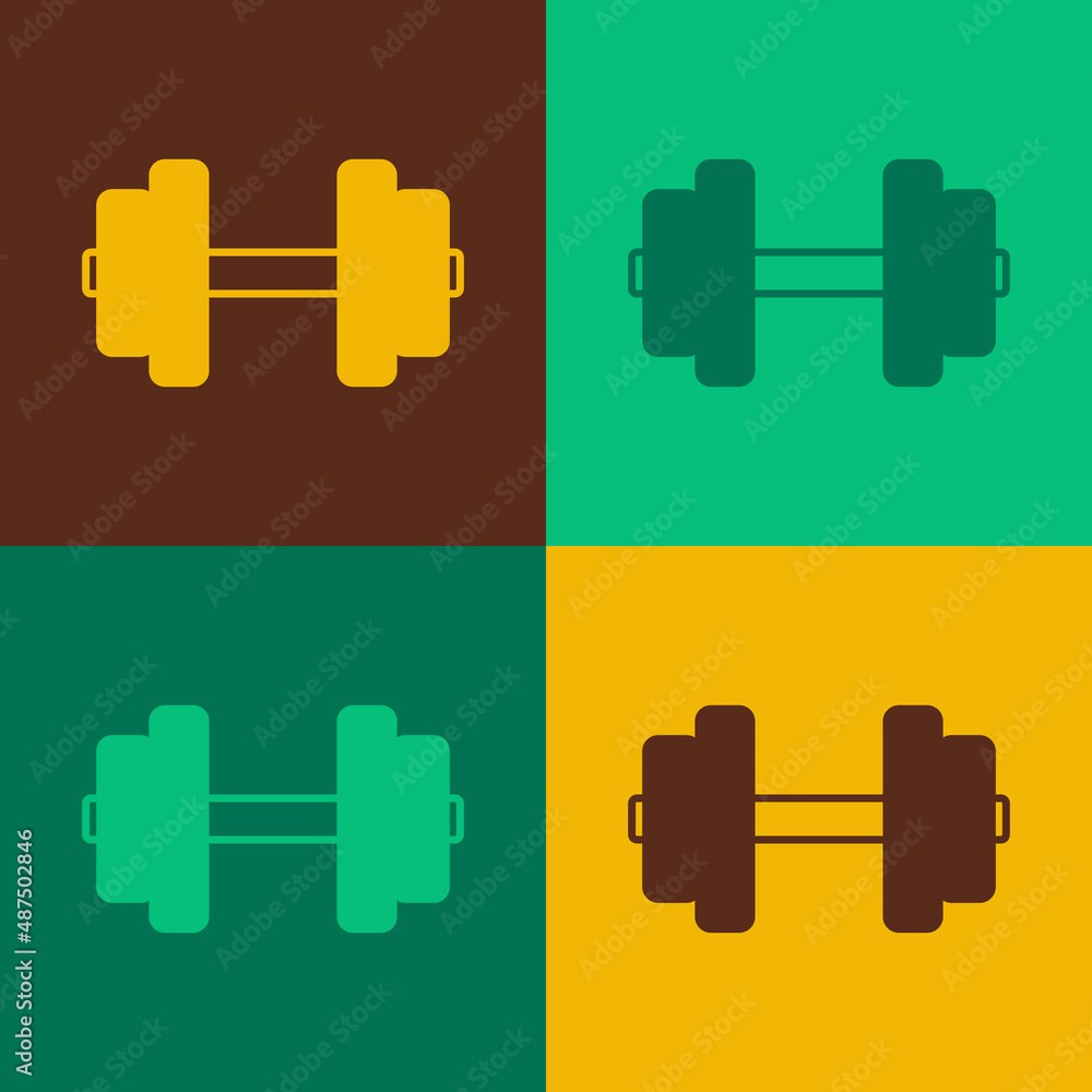 Pop art Dumbbell icon isolated on color background. Muscle lifting, fitness barbell, sports equipment. Vector Pop art Dumbbell icon isolated on color background. Muscle lifting, fitness barbell, sports equipment. Vector