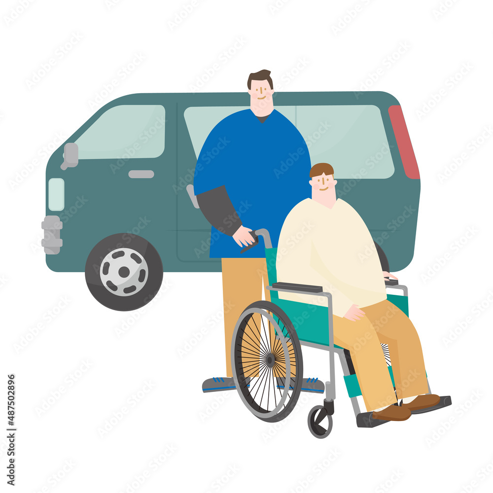 Vector illustration of a man in a wheelchair, a care staff, and a car. Vector illustration of a man in a wheelchair, a care staff, and a car.