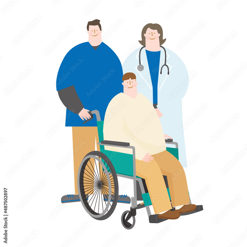 Vector illustration of a man in a wheelchair with a caregiving staff and a doctor. Vector illustration of a man in a wheelchair with a caregiving staff and a doctor.