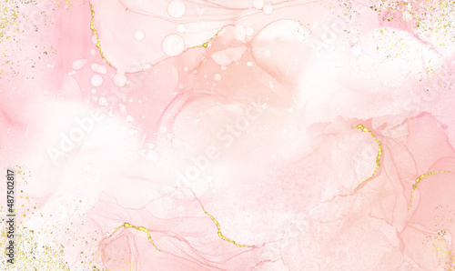 Abstract watercolor or alcohol ink art pink white background with golden crackers. Pastel pink marble drawing effect. llustration design template for wedding invitation,decoration, banner, background.