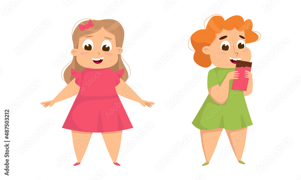 Overweight kids eating sweets set. Cute chubby girls. Children obesity concept cartoon vector illustration Overweight kids eating sweets set. Cute chubby girls. Children obesity concept cartoon vector illustration