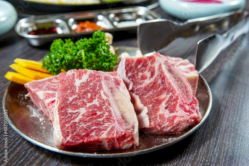 Ingredient Of Korean Style BBQ Calf Ribs On The Plate