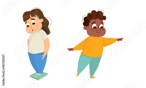 Cute overweight girl boy. Children obesity concept cartoon vector illustration