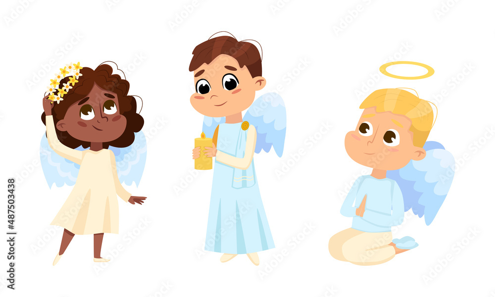 Cute lovely baby angels set. Angelic girl and boys with wings cartoon vector illustration Cute lovely baby angels set. Angelic girl and boys with wings cartoon vector illustration