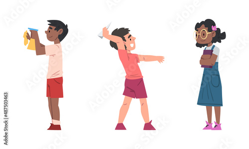 Naughty and obedient children. Boys and girl demonstrating good and bad behavior set cartoon vector illustration