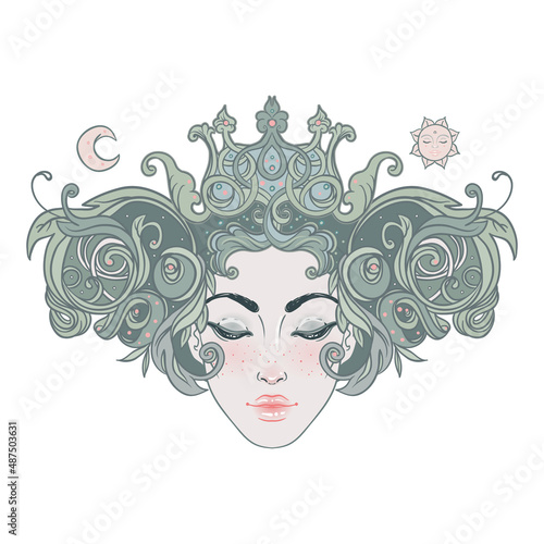 Tribal Fusion Boho Diva. Beautiful Asian divine girl with ornate crown, kokoshnik inspired. Bohemian goddess. Hand drawn elegant illustration. Lotus flower, ethnic art, patterned Indian paisley.