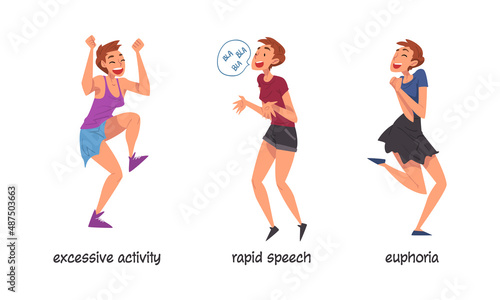 Set of bipolar disorder symptoms. Excessive activity, rapid speech, euphoria cartoon vector illustration