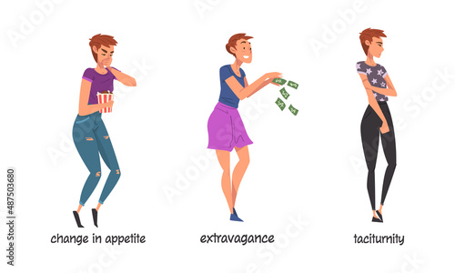 Set of bipolar disorder symptoms. Change in appetite, extravagance, taciturnity cartoon vector illustration