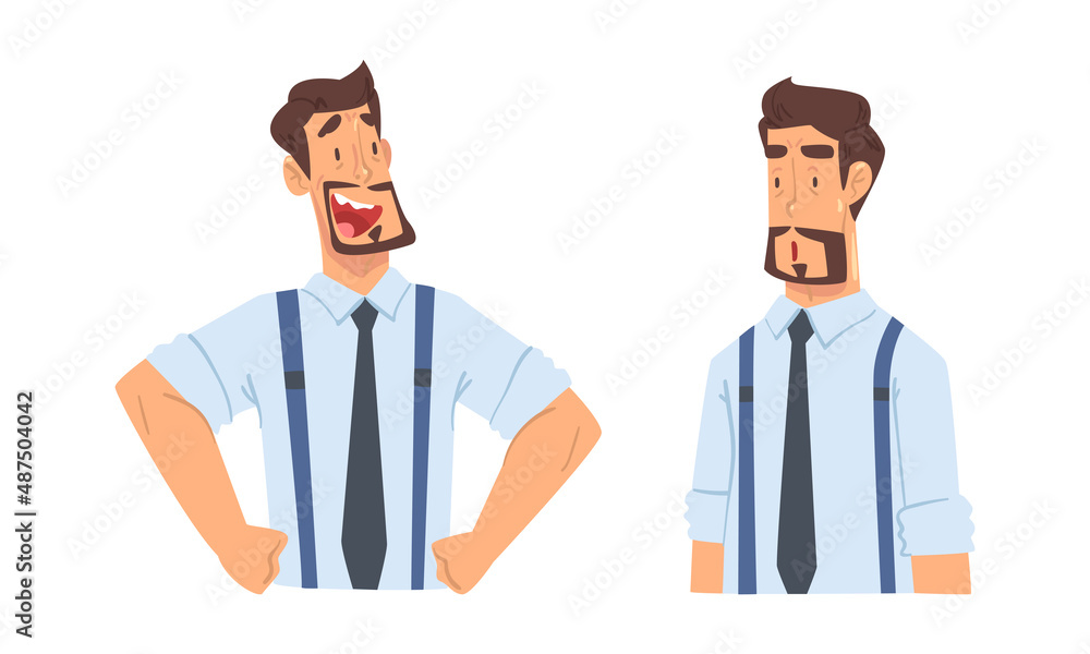 Businessman characters with various face expression. Cheerful and surprised bearded male employee cartoon vector illustration Businessman characters with various face expression. Cheerful and surprised bearded male employee cartoon vector illustration