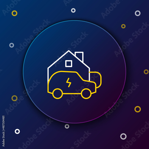 Line Electric car parking charging at home wall box charger station on house icon isolated on blue background. Colorful outline concept. Vector