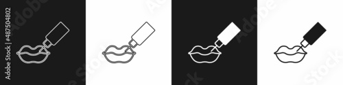Set Lip augmentation icon isolated on black and white background. Hyaluronic acid lips injection. Contour plastic. Vector