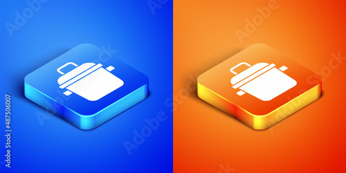 Isometric Cooking pot icon isolated on blue and orange background. Boil or stew food symbol. Square button. Vector