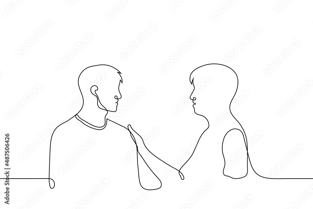 man comforting another holding him by the shoulder - one line drawing vector. concept friendly support, emotional help, empathy, kindness, mercy, sympathetic, offer your help man comforting another holding him by the shoulder - one line drawing vector. concept friendly support, emotional help, empathy, kindness, mercy, sympathetic, offer your help