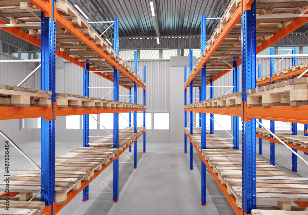 Warehouse furniture. Empty warehouse racks. Empty logistics center. Concept shortage of goods in warehouse. Pallet rack systems. Delivery problem metaphor. Logistics center without anyone. 3d image