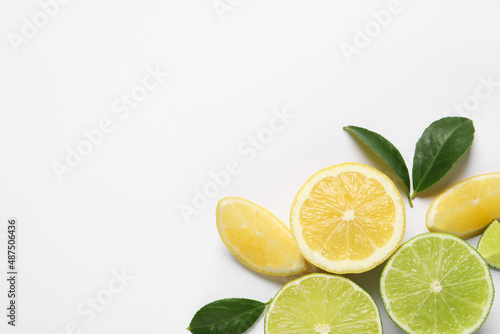Fresh ripe lemons, limes and green leaves on white background, top view