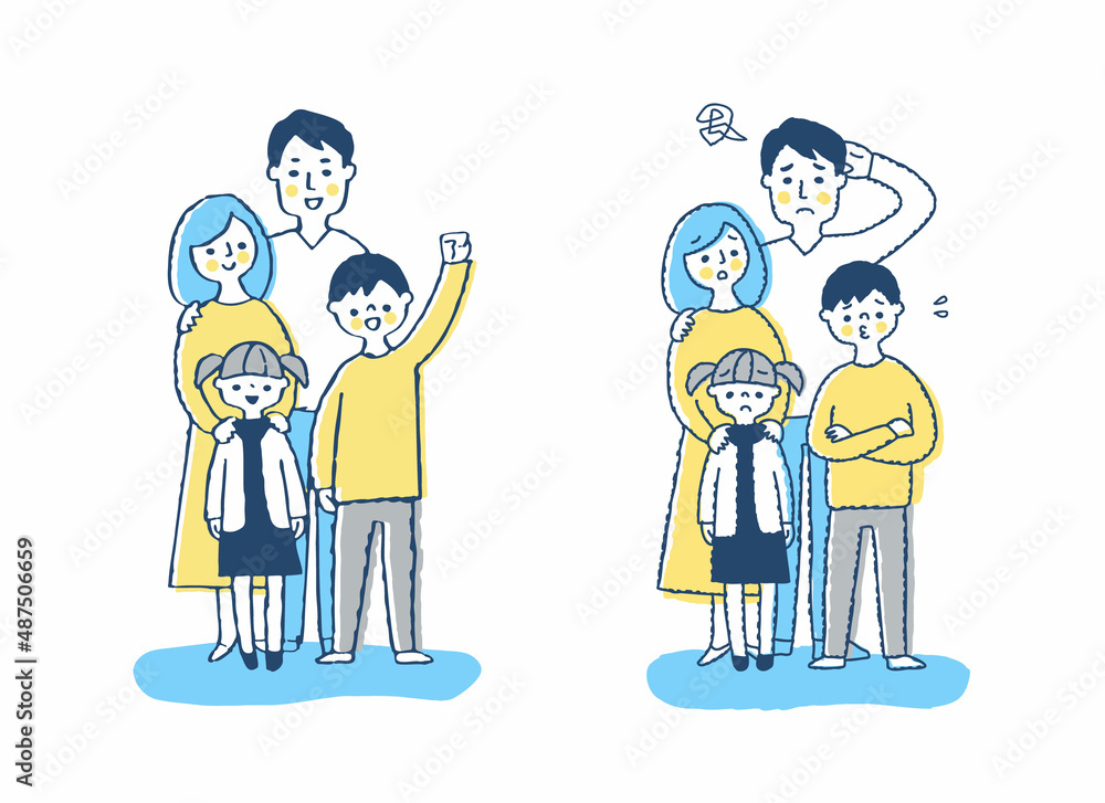 4人家族　困った表情と笑顔の表情　全身