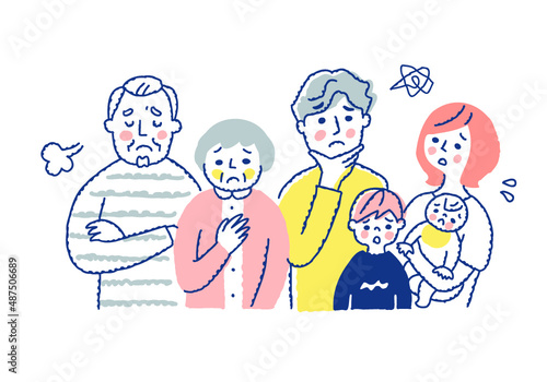 三世代家族　困った表情　上半身