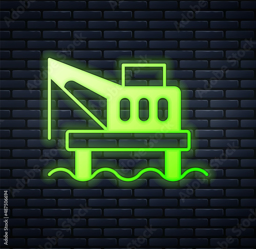 Glowing neon Oil platform in the sea icon isolated on brick wall background. Drilling rig at sea. Oil platform, gas fuel, industry offshore. Vector