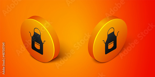 Isometric Blacksmith apron icon isolated on orange background. Protective clothing and tool worker. Orange circle button. Vector
