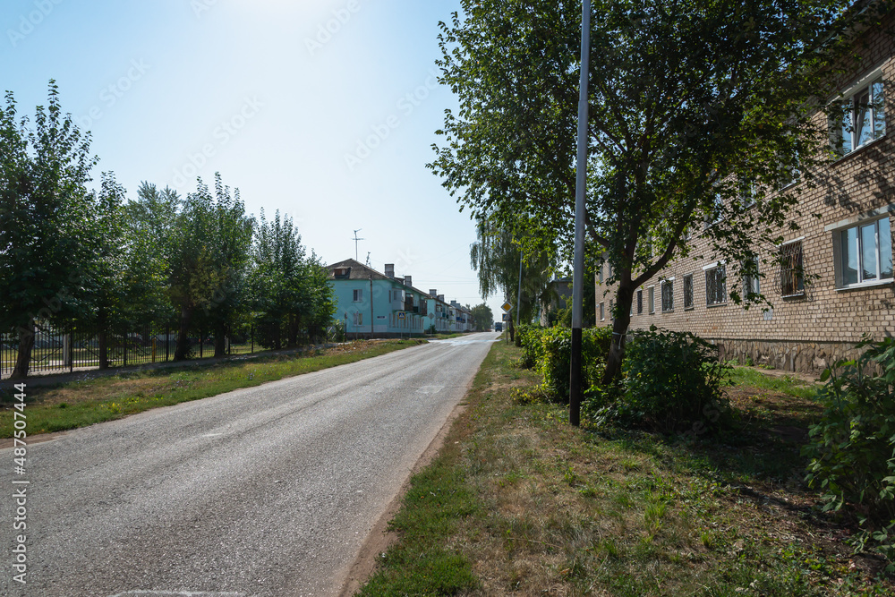 City street in summer. Trees on the street. City street in summer. Trees on the street.