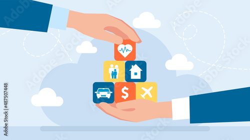 Broker agent. Protection of values. Insurance and Assurance. Life, property, car, health, family, travel, home, business insurance concept. Family protection care. Flat design. Vector illustration.