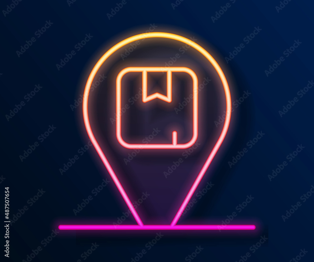 Glowing neon line Location with cardboard box icon isolated on black background. Delivery services, logistic and transportation, distribution. Vector Glowing neon line Location with cardboard box icon isolated on black background. Delivery services, logistic and transportation, distribution. Vector