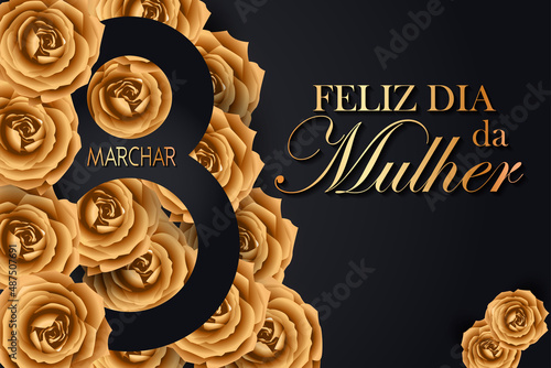 cartão ou banner para o dia da mulher em 8 de março em ouro sobre fundo preto com rosas douradas