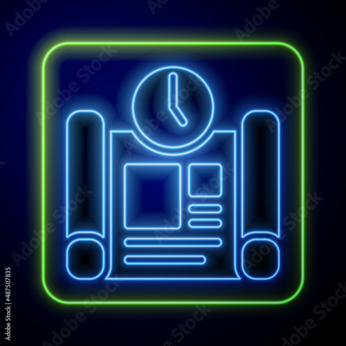 Glowing neon Business project time plan icon isolated on blue background. Vector