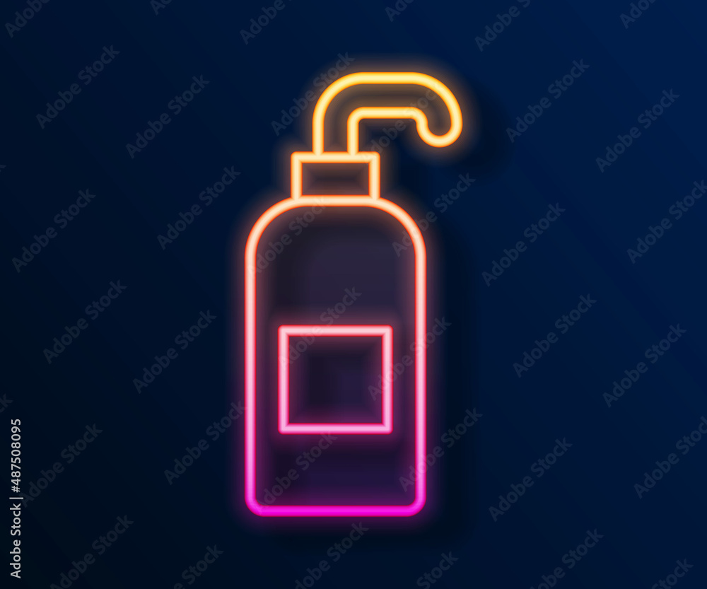 Glowing neon line Bottle of liquid antibacterial soap with dispenser icon isolated on black background. Antiseptic. Disinfection, hygiene, skin care. Vector Glowing neon line Bottle of liquid antibacterial soap with dispenser icon isolated on black background. Antiseptic. Disinfection, hygiene, skin care. Vector