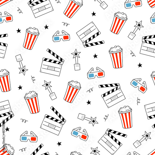 Movie, cinema vector pattern. Doodle hand drawn sketch style movie seamless pattern. Cinema elements for media production, festival, theater background. Vector illustration.