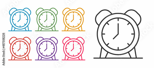 Set line Alarm clock icon isolated on white background. Wake up, get up concept. Time sign. Set icons colorful. Vector