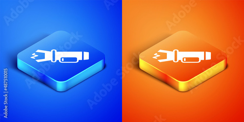 Isometric Police electric shocker icon isolated on blue and orange background. Shocker for protection. Taser is an electric weapon. Square button. Vector
