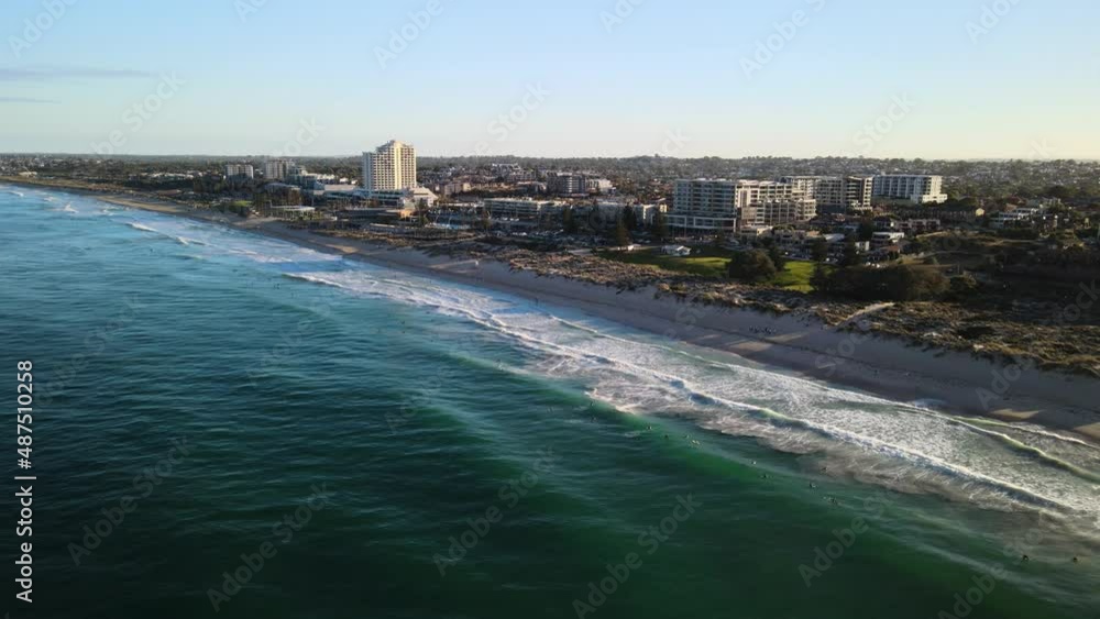 Aerial fly by of Scarborough Beach, Perth at sunrise. Aerial fly by of Scarborough Beach, Perth at sunrise.