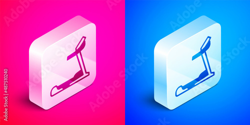 Isometric Treadmill machine icon isolated on pink and blue background. Silver square button. Vector