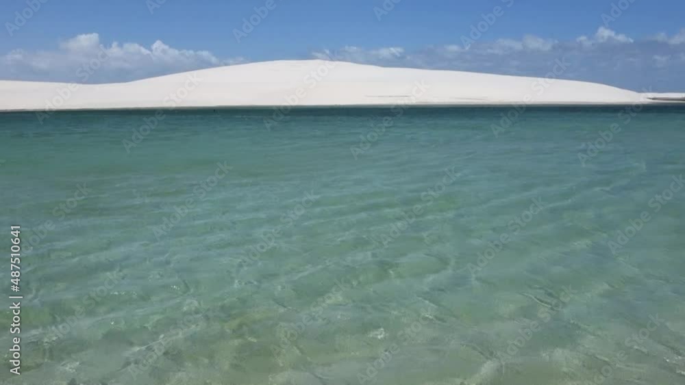 Clear Blue Lagoon Surrounded With White Sand Dunes. Lencois Maranhenses National Park In Maranhao, Brazil On A Sunny Day. pan right Clear Blue Lagoon Surrounded With White Sand Dunes. Lencois Maranhenses National Park In Maranhao, Brazil On A Sunny Day. pan right